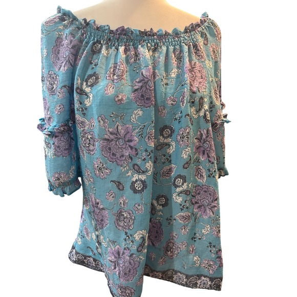 Floral Off Shoulder Top Blue Purple Ruffle Sleeve Bohemian Blouse - Picture 2 of 6